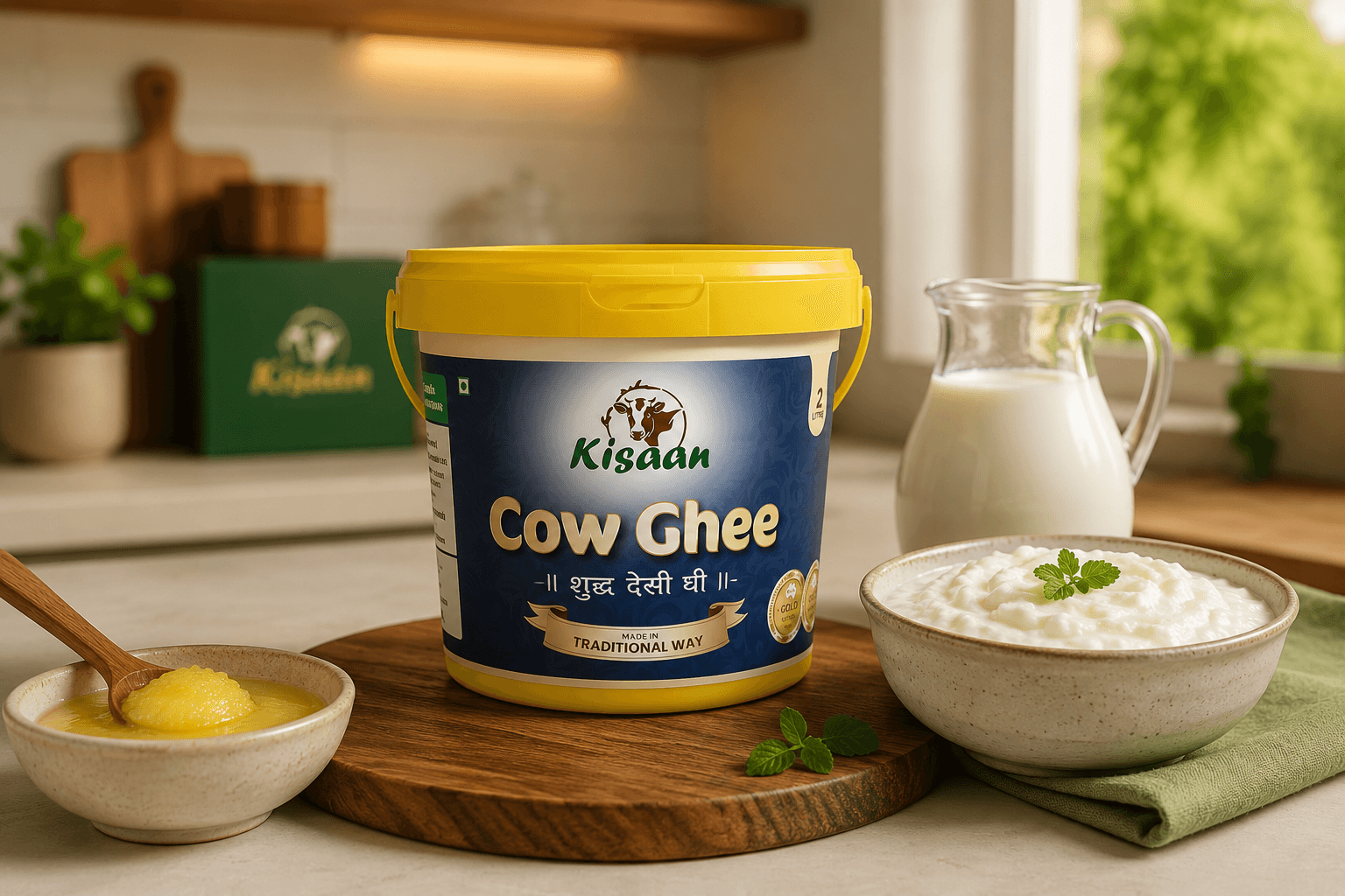 Kisaan cow ghee with fresh dairy products in a kitchen