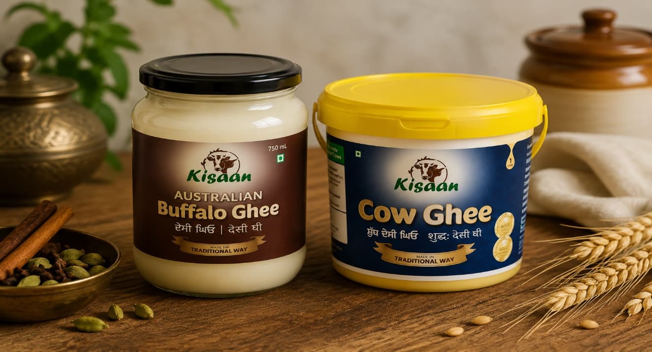 Kisaan Australian Buffalo Ghee and Kisaan Cow Ghee jars on a kitchen bench