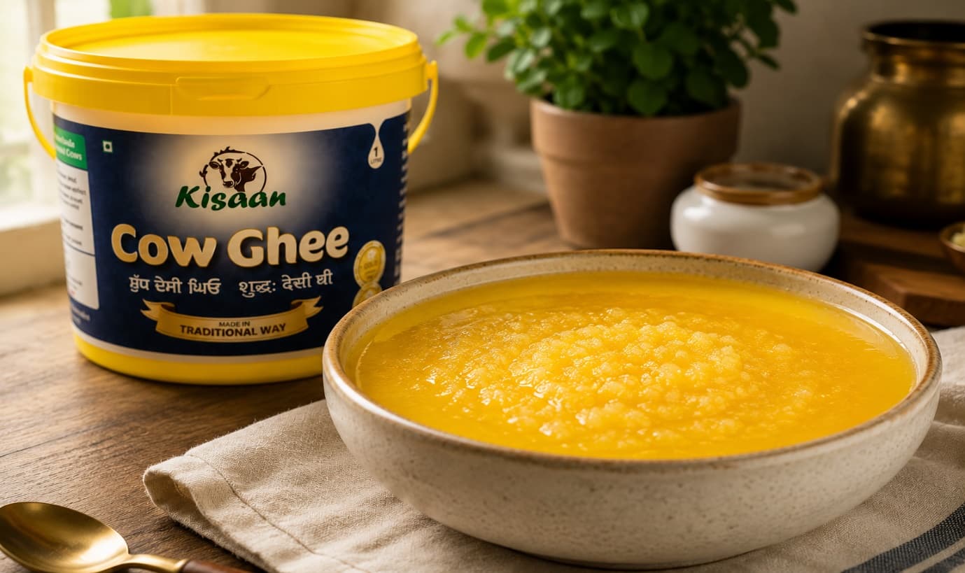 Kisaan Cow Ghee with golden ghee in a serving bowl