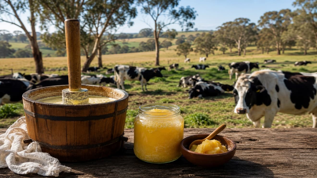 Traditional Bilona cow ghee made from fresh milk on an Australian dairy farm with grazing cows in the background