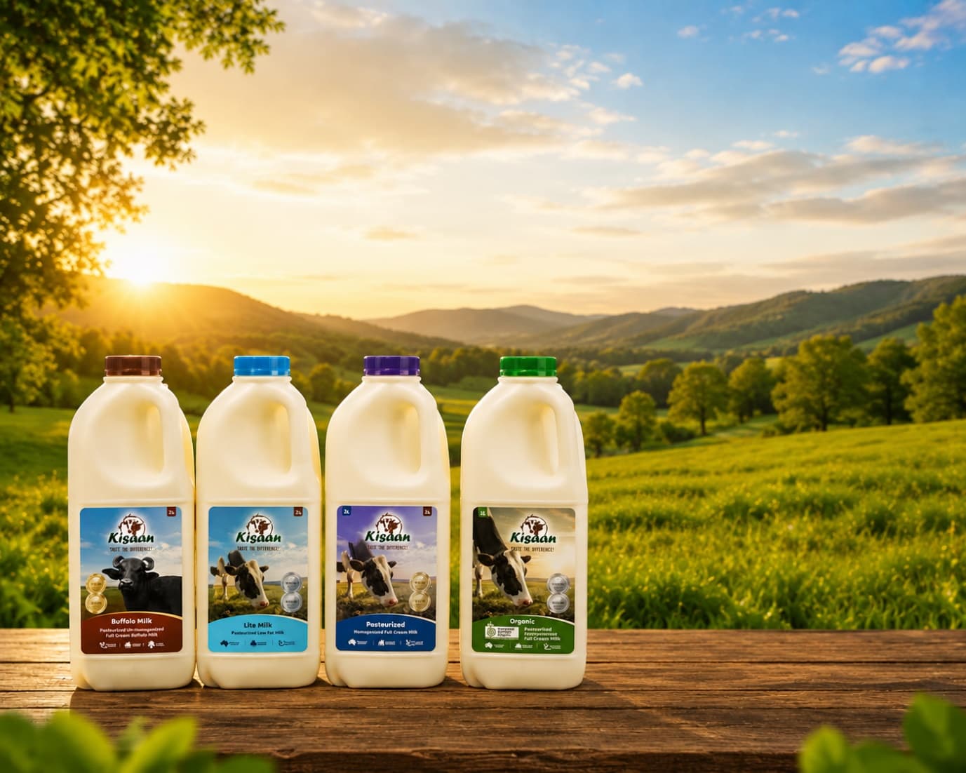 Kisaan dairy milk range in golden hour light