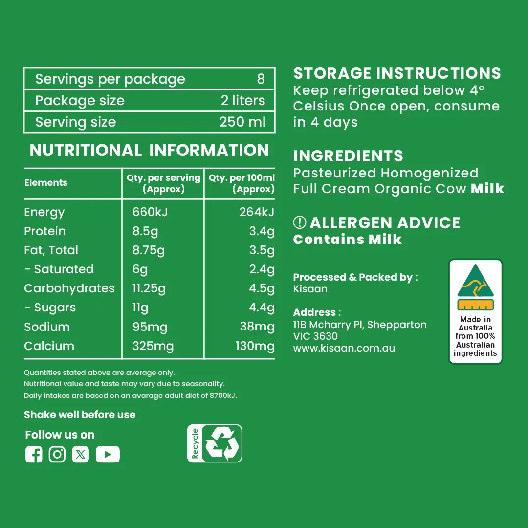 Pasteurized Homogenized Organic Milk - 2L Bottle