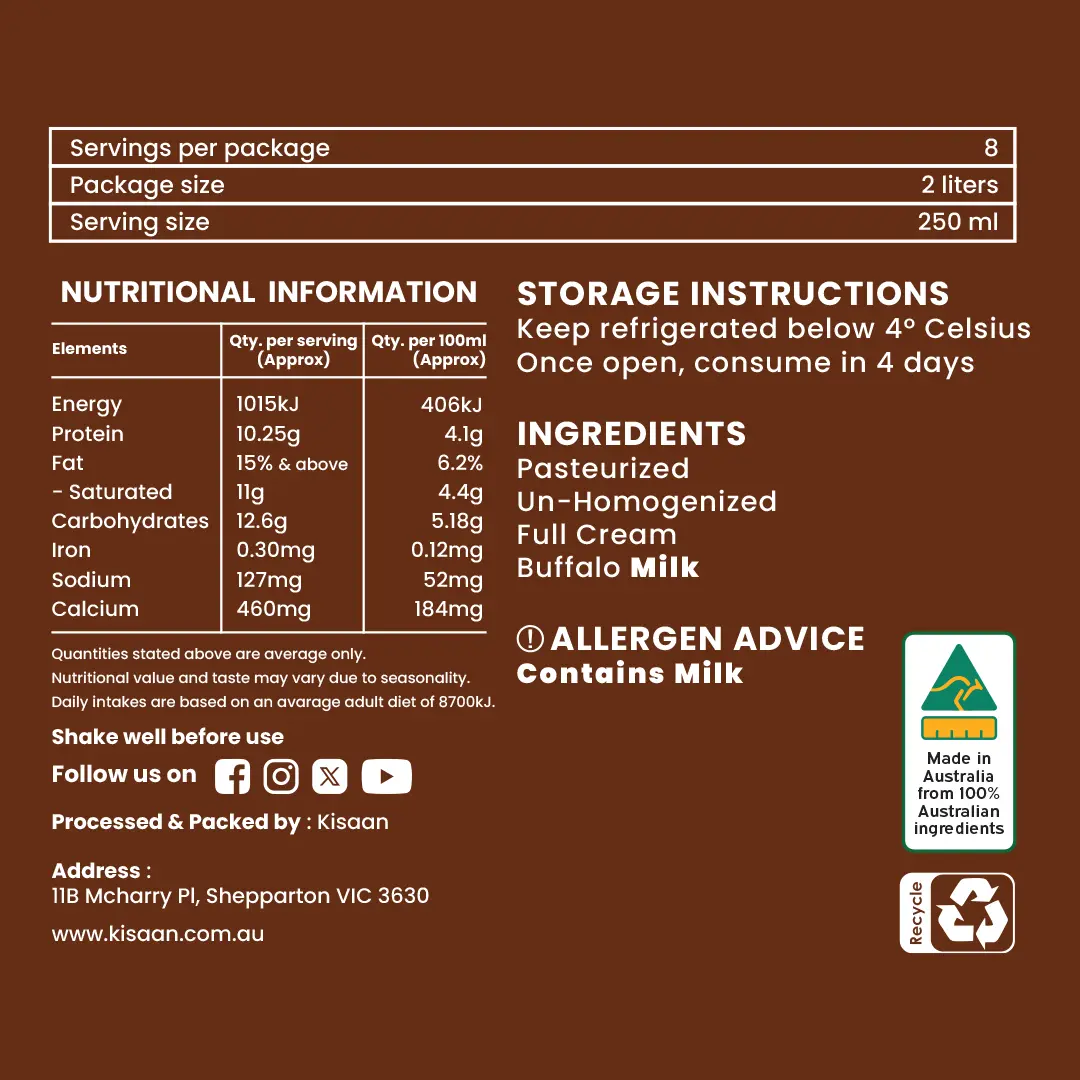 Pasteurized Un-Homogenized Buffalo Milk - 2L Bottle