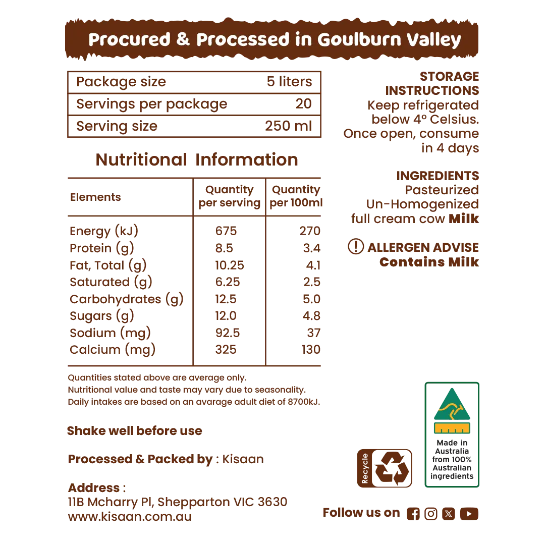 Pasteurized Un-Homogenized Full Cream Milk - 5L